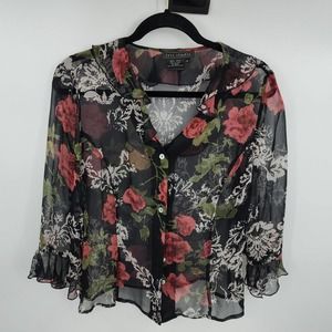 Tess Studio Sz 12 100% Silk Sheer Ruffled Blouse Top Long Sleeve Black Floral